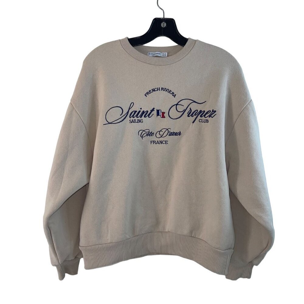 Stradivarius Womens Sweatshirt Size XS Beige Saint Tropez Sailing Club Oversized